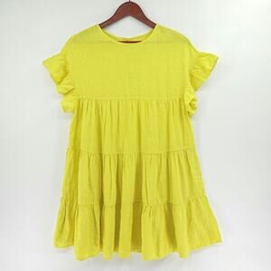 LANHTROPY Babydoll Dress Tiered Yellow 100% Linen One Size Travel Boho Chic
